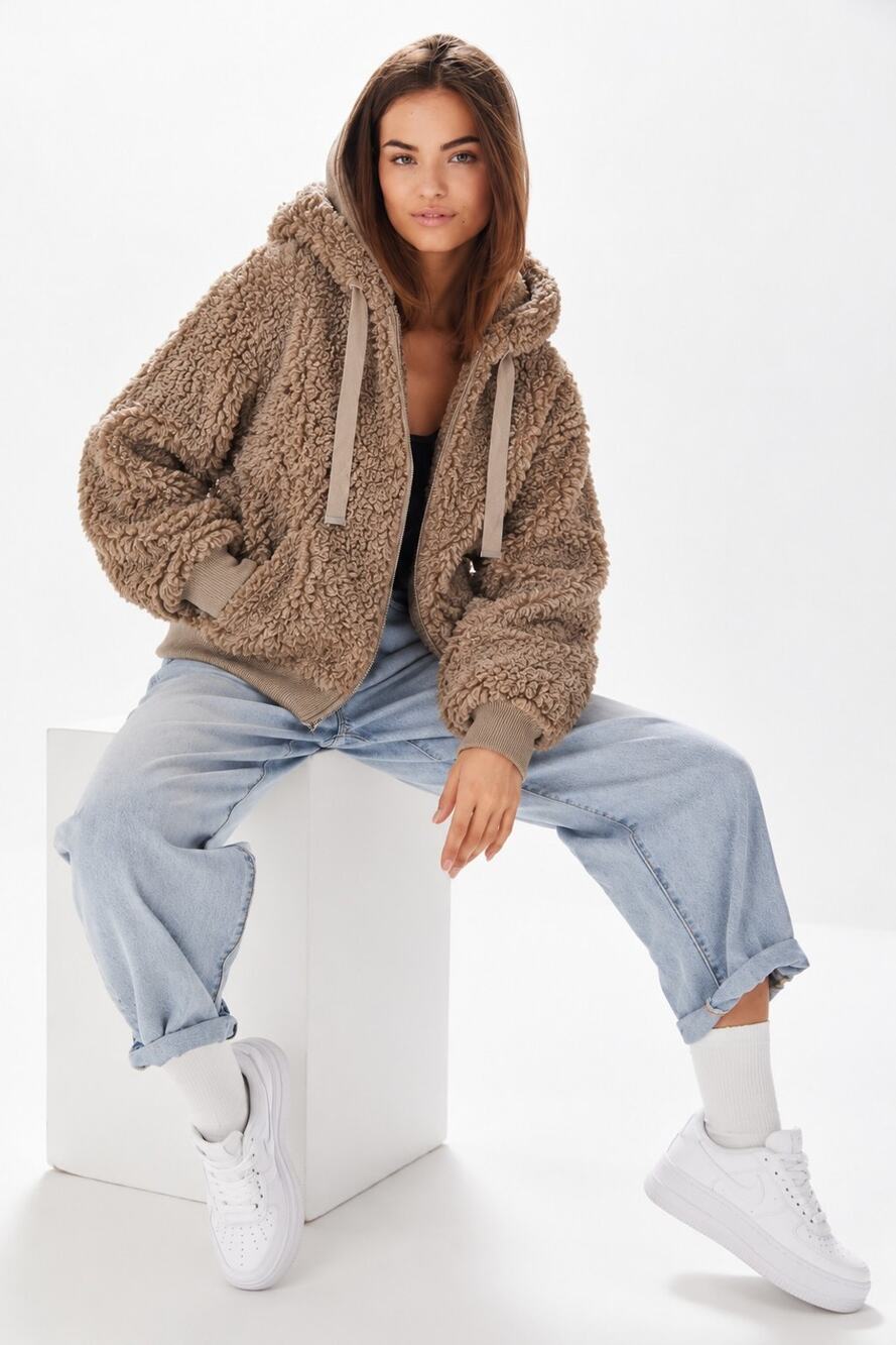 Urban Outfitters Women’s XS Teddy Sherpa Fleece Hooded Zip Up Jacket Brown Cozy